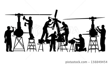 Black Solid Greasing Tail Rotor Gearbox Technician Silhouettes Set of Six on White Background 138849454