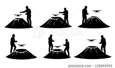 Black Solid Geologist Volcanic Crater UAV Operator Silhouettes Set of Six on White Background Black Solid Geologist Volcanic Crater UAV Operator Silhouettes Set of Six on White Background 138849458