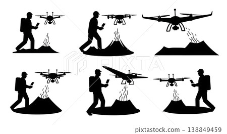 Black Solid Geologist Volcanic Crater UAV Operator Silhouettes Set of Six on White Background Black Solid Geologist Volcanic Crater UAV Operator Silhouettes Set of Six on White Background 138849459