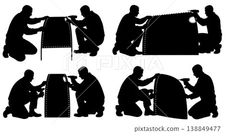 Black Solid Aircraft Fuselage Damage Patching Mechanics Silhouettes Set of Six on White Background 138849477