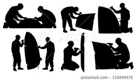 Black Solid Aircraft Fuselage Damage Patching Mechanics Silhouettes Set of Six on White Background Black Solid Aircraft Fuselage Damage Patching Mechanics Silhouettes Set of Six on White Background 138849478