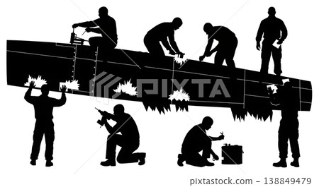 Black Solid Aircraft Fuselage Damage Patching Mechanics Silhouettes Set of Six on White Background Black Solid Aircraft Fuselage Damage Patching Mechanics Silhouettes Set of Six on White Background 138849479