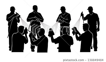 Black Solid Fuel Injector Cleaning Mechanic Silhouettes Set of Six on White Background 138849484