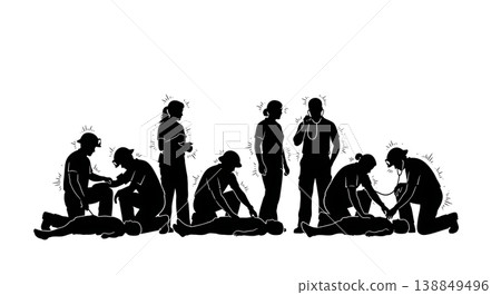 Black Solid Frontline Responder Vital Signs Silhouettes Set Of Six On White Background Black Solid Frontline Responder Vital Signs Silhouettes Set Of Six On White Background 138849496