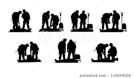 Black Solid Forward Operating Base Medic Silhouettes Set Of Six On White Background Black Solid Forward Operating Base Medic Silhouettes Set Of Six On White Background 138849508