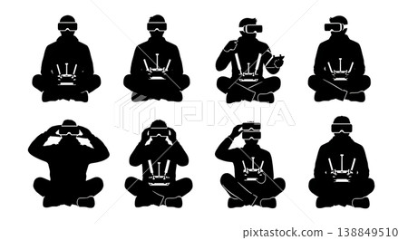 Black Solid Sitting FPV Racing Pilot Silhouettes Set of Six on White Background Black Solid Sitting FPV Racing Pilot Silhouettes Set of Six on White Background 138849510