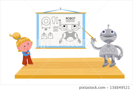 Robot teacher explaining blueprint to little girl isolated on white. Intelligent cyborg pointing at technical scheme for curious child in STEM education concept. Robot teacher explaining blueprint to little girl isolated on white. Intelligent cyborg pointing at technical scheme for curious child in STEM education concept. 138849521