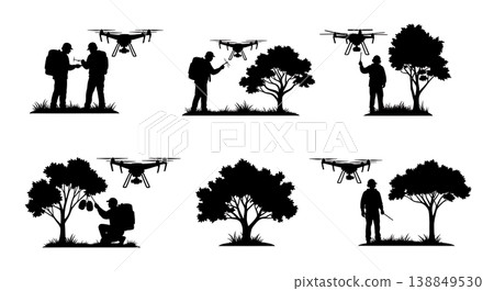 Black Solid Forestry Canopy Multicopter Inspector Silhouettes Set of Six on White Background Black Solid Forestry Canopy Multicopter Inspector Silhouettes Set of Six on White Background 138849530