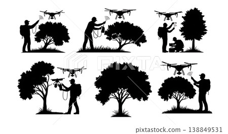 Black Solid Forestry Canopy Multicopter Inspector Silhouettes Set of Six on White Background Black Solid Forestry Canopy Multicopter Inspector Silhouettes Set of Six on White Background 138849531