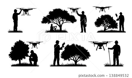 Black Solid Forestry Canopy Multicopter Inspector Silhouettes Set of Six on White Background Black Solid Forestry Canopy Multicopter Inspector Silhouettes Set of Six on White Background 138849532