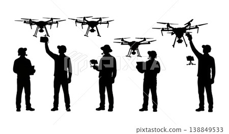 Black Solid Forestry Canopy Multicopter Inspector Silhouettes Set of Six on White Background Black Solid Forestry Canopy Multicopter Inspector Silhouettes Set of Six on White Background 138849533