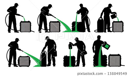 Black Solid Flushing Radiator Coolant Mechanic Silhouettes Set of Six on White Background Black Solid Flushing Radiator Coolant Mechanic Silhouettes Set of Six on White Background 138849549