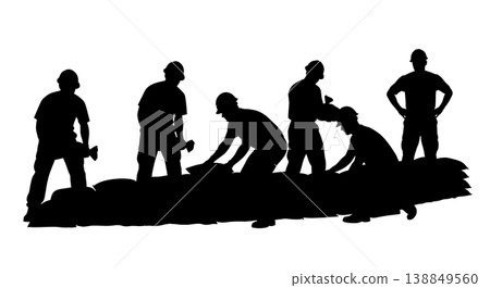 Black Solid Flood Defense Sandbagging Silhouettes Set of Six on White Background Black Solid Flood Defense Sandbagging Silhouettes Set of Six on White Background 138849560