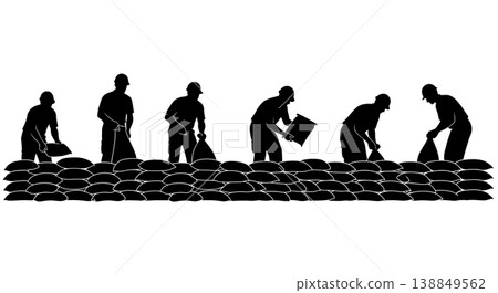 Black Solid Flood Defense Sandbagging Silhouettes Set of Six on White Background Black Solid Flood Defense Sandbagging Silhouettes Set of Six on White Background 138849562