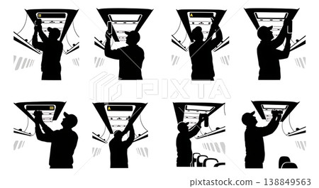 Black Solid Fixing Illuminated Overhead Sign Technician Silhouettes Set of Six on White Background 138849563