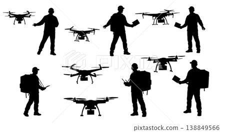 Black Solid Fleet Manager Transport Drone Operator Silhouettes Set of Six on White Background Black Solid Fleet Manager Transport Drone Operator Silhouettes Set of Six on White Background 138849566