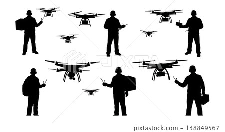 Black Solid Fleet Manager Transport Drone Operator Silhouettes Set of Six on White Background Black Solid Fleet Manager Transport Drone Operator Silhouettes Set of Six on White Background 138849567