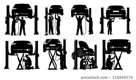 Black Solid Fixing Exhaust Pipe Hydraulic Lift Silhouettes Set of Six on White Background Black Solid Fixing Exhaust Pipe Hydraulic Lift Silhouettes Set of Six on White Background 138849574