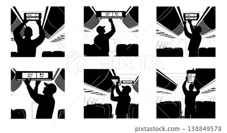 Black Solid Fixing Illuminated Overhead Sign Technician Silhouettes Set of Six on White Background 138849578