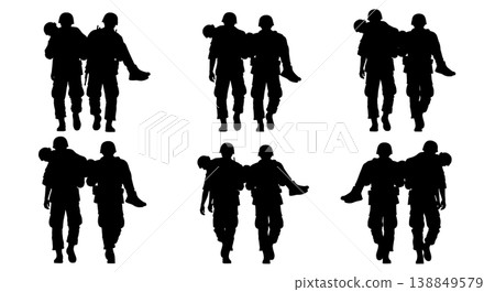 Black Solid Soldier Fireman Carry Silhouettes Set Of Six On White Background Black Solid Soldier Fireman Carry Silhouettes Set Of Six On White Background 138849579