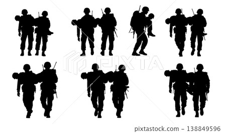 Black Solid Soldier Fireman Carry Silhouettes Set Of Six On White Background Black Solid Soldier Fireman Carry Silhouettes Set Of Six On White Background 138849596