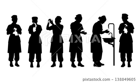 Black Solid Field Surgery Nurse Scrubbing Silhouettes Set Of Six On White Background Black Solid Field Surgery Nurse Scrubbing Silhouettes Set Of Six On White Background 138849605