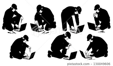 Black Solid Field Laptop Repair Technicians Silhouettes Set of Six on White Background Black Solid Field Laptop Repair Technicians Silhouettes Set of Six on White Background 138849606
