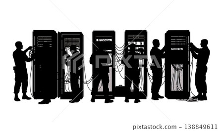 Black Solid Field Server Rack IT Technicians Silhouettes Set of Six on White Background Black Solid Field Server Rack IT Technicians Silhouettes Set of Six on White Background 138849611