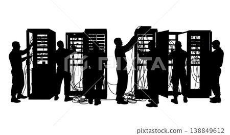 Black Solid Field Server Rack IT Technicians Silhouettes Set of Six on White Background Black Solid Field Server Rack IT Technicians Silhouettes Set of Six on White Background 138849612