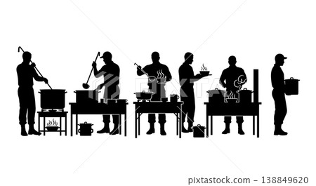 Black Solid Field Kitchen Hot Meal Serving Silhouettes Set of Six on White Background Black Solid Field Kitchen Hot Meal Serving Silhouettes Set of Six on White Background 138849620
