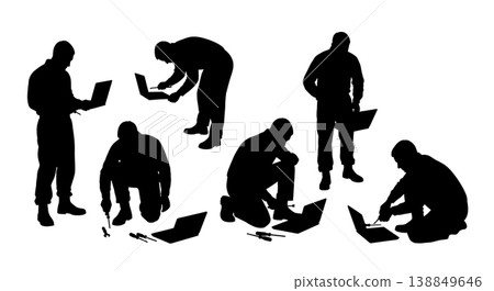 Black Solid Field Laptop Repair Technicians Silhouettes Set of Six on White Background Black Solid Field Laptop Repair Technicians Silhouettes Set of Six on White Background 138849646