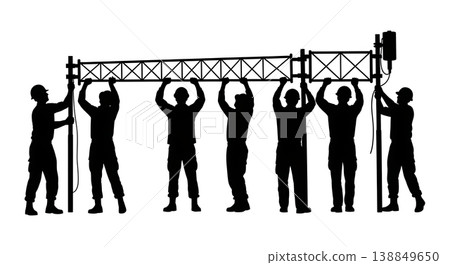 Black Solid Field Communication Mast Deployment Silhouettes Set of Six on White Background Black Solid Field Communication Mast Deployment Silhouettes Set of Six on White Background 138849650