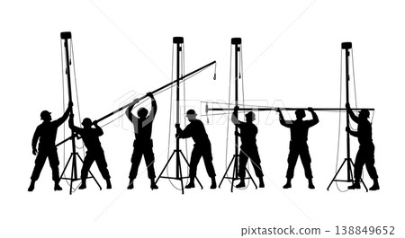Black Solid Field Communication Mast Deployment Silhouettes Set of Six on White Background Black Solid Field Communication Mast Deployment Silhouettes Set of Six on White Background 138849652