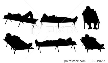 Black Solid Field Cot Resting Sleeping Silhouettes Set of Six on White Background Black Solid Field Cot Resting Sleeping Silhouettes Set of Six on White Background 138849654