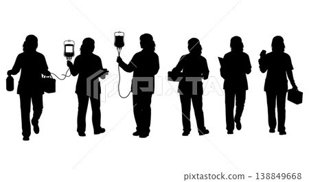 Black Solid Female Army Medic Plasma Silhouettes Set Of Six On White Background 138849668