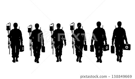 Black Solid Female Army Medic Plasma Silhouettes Set Of Six On White Background Black Solid Female Army Medic Plasma Silhouettes Set Of Six On White Background 138849669