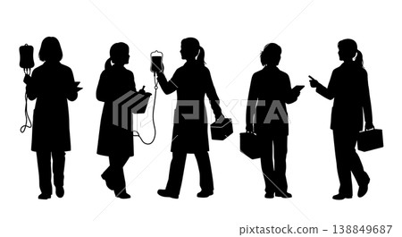 Black Solid Female Army Medic Plasma Silhouettes Set Of Six On White Background 138849687