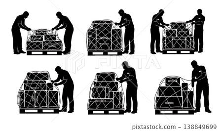 Black Solid Fastening Cargo Netting Baggage Worker Silhouettes Set of Six on White Background Black Solid Fastening Cargo Netting Baggage Worker Silhouettes Set of Six on White Background 138849699