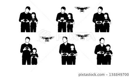 Black Solid Father Child Drone Controller Silhouettes Set of Six on White Background Black Solid Father Child Drone Controller Silhouettes Set of Six on White Background 138849700