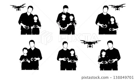 Black Solid Father Child Drone Controller Silhouettes Set of Six on White Background Black Solid Father Child Drone Controller Silhouettes Set of Six on White Background 138849701
