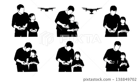 Black Solid Father Child Drone Controller Silhouettes Set of Six on White Background Black Solid Father Child Drone Controller Silhouettes Set of Six on White Background 138849702