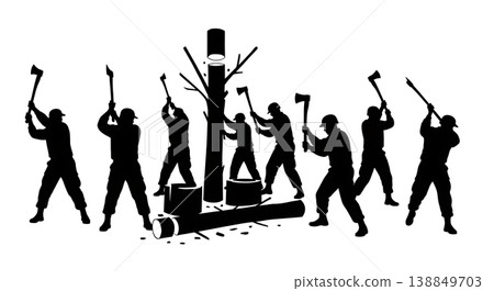 Black Solid Fallen Tree Axe Chopping Silhouettes Set of Six on White Background Black Solid Fallen Tree Axe Chopping Silhouettes Set of Six on White Background 138849703