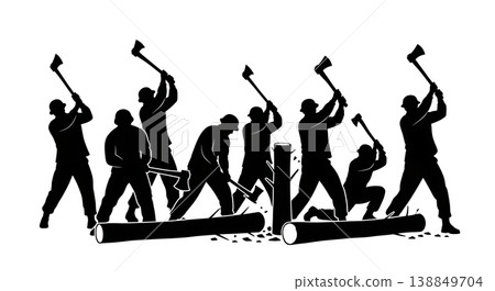 Black Solid Fallen Tree Axe Chopping Silhouettes Set of Six on White Background 138849704