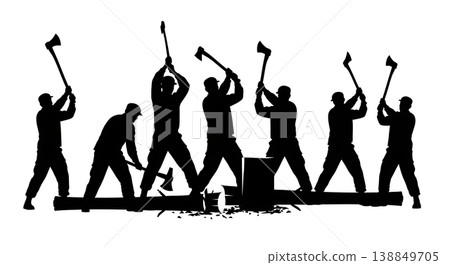 Black Solid Fallen Tree Axe Chopping Silhouettes Set of Six on White Background Black Solid Fallen Tree Axe Chopping Silhouettes Set of Six on White Background 138849705