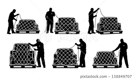 Black Solid Fastening Cargo Netting Baggage Worker Silhouettes Set of Six on White Background 138849707