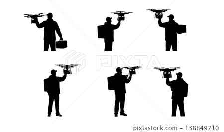 Black Solid Fast Food Delivery Drone Operator Silhouettes Set of Six on White Background Black Solid Fast Food Delivery Drone Operator Silhouettes Set of Six on White Background 138849710