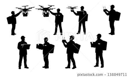 Black Solid Fast Food Delivery Drone Operator Silhouettes Set of Six on White Background Black Solid Fast Food Delivery Drone Operator Silhouettes Set of Six on White Background 138849711