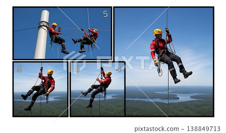 Black Solid Airborne Extraction Cable Personnel Silhouettes Set Of Six On White Background Black Solid Airborne Extraction Cable Personnel Silhouettes Set Of Six On White Background 138849713