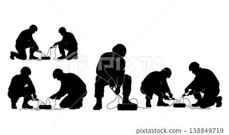 Black Solid Explosive Device Wire Snipping Technicians Silhouettes Set of Six on White Background Black Solid Explosive Device Wire Snipping Technicians Silhouettes Set of Six on White Background 138849719