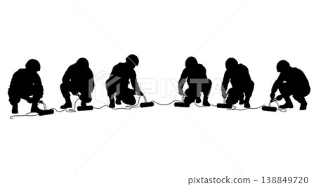 Black Solid Explosive Device Wire Snipping Technicians Silhouettes Set of Six on White Background Black Solid Explosive Device Wire Snipping Technicians Silhouettes Set of Six on White Background 138849720